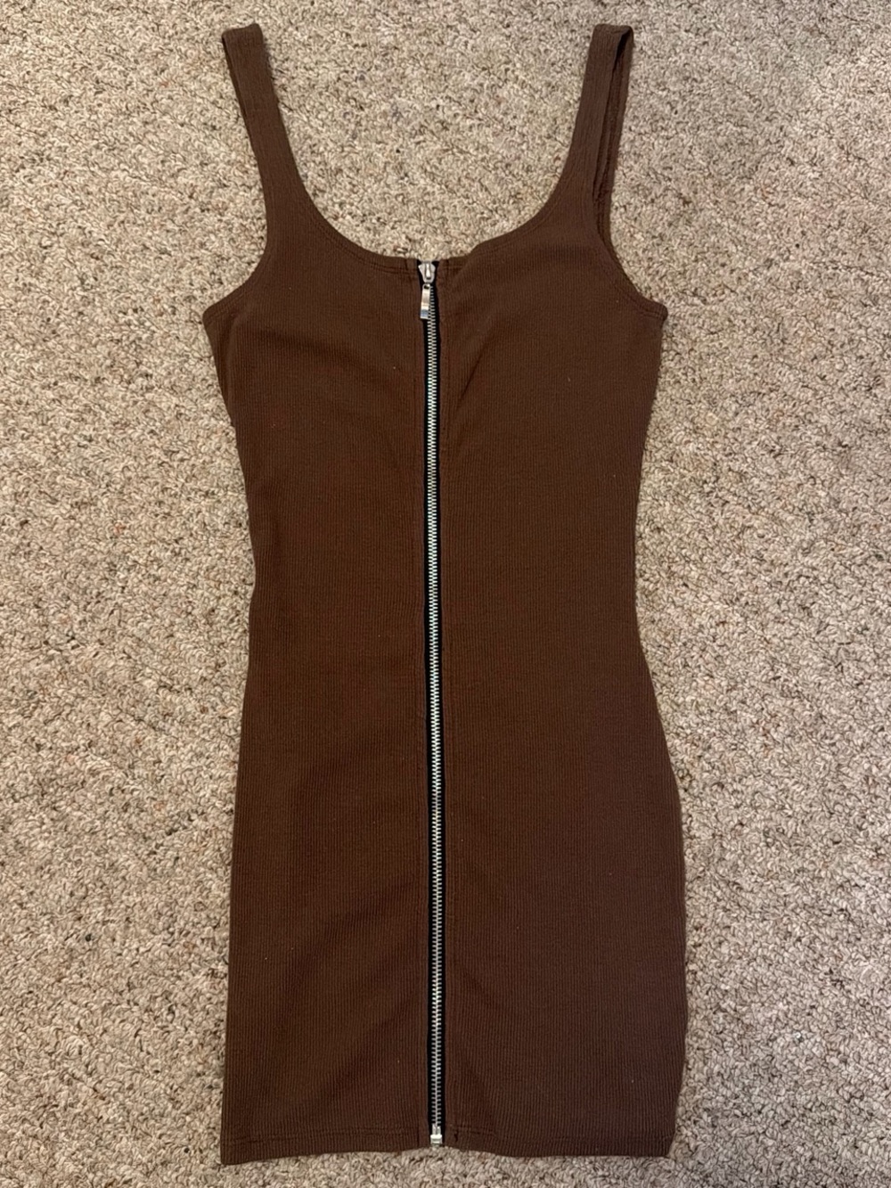 Sleeveless Brown Ribbed Zip-Front Mini Dress